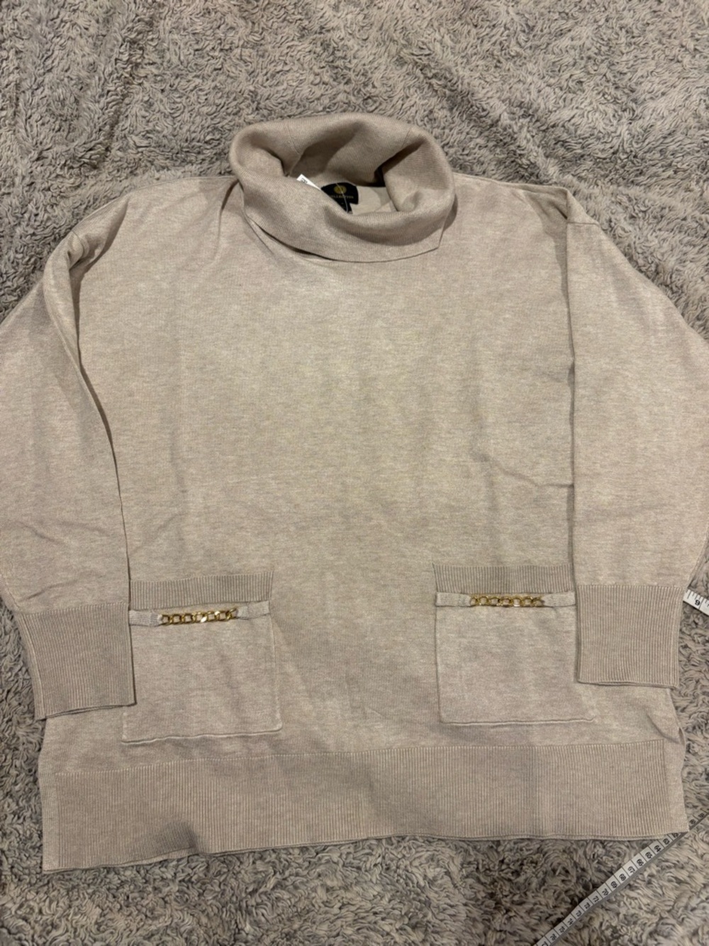 JM Collection Beige Turtleneck Sweater with Gold Chain Pocket Trim NWT